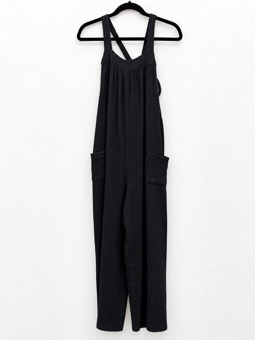 Mienne Jumpsuit M Black Cotton Gauze Wide Leg Overalls Tie Back Pockets